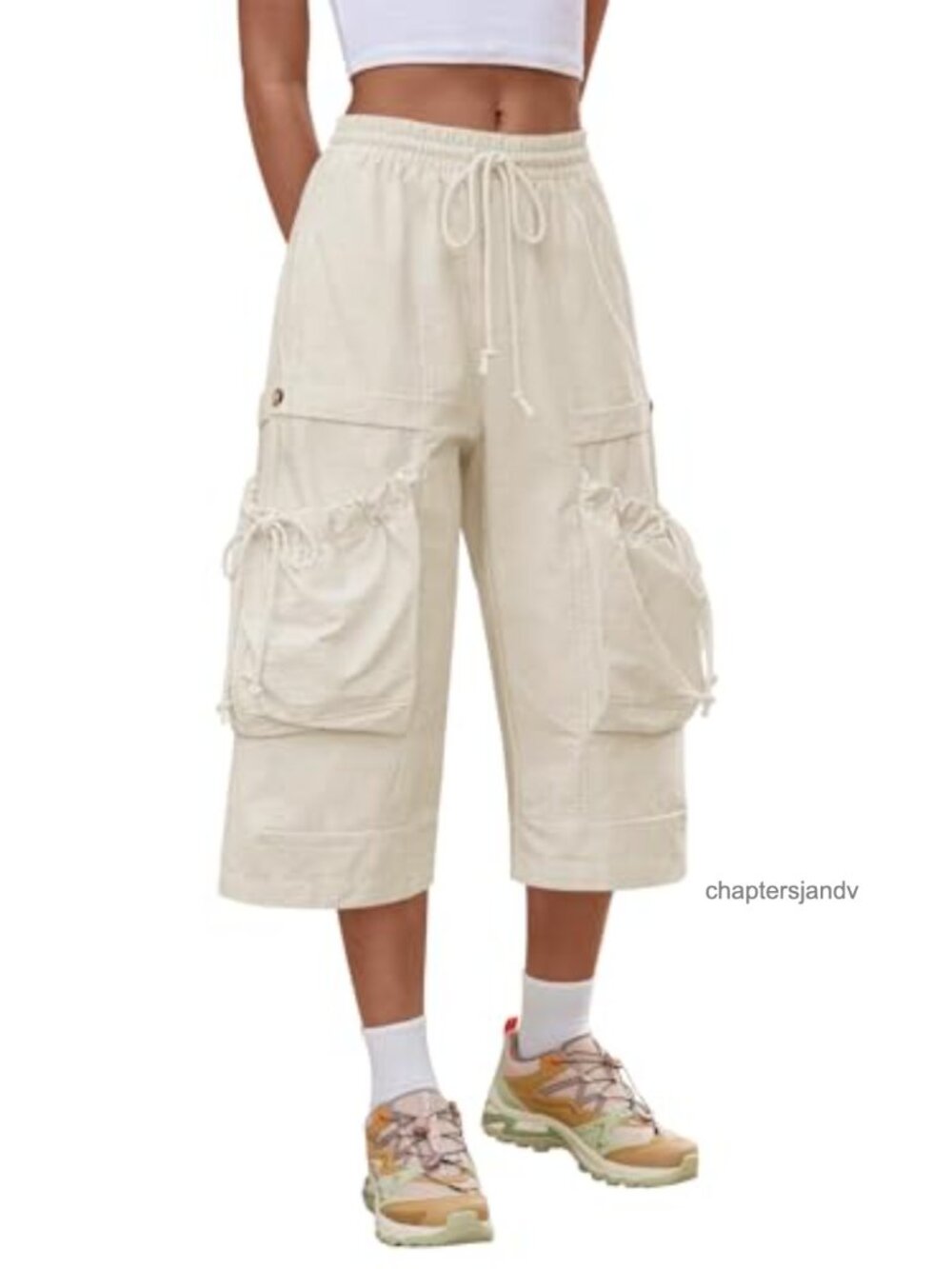 Womens Wide Leg Cargo Capris Drawstring Elastic Waist Cotton Cropped Trousers